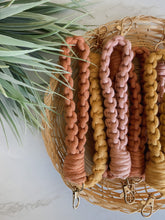Load image into Gallery viewer, Terra cotta, mustard yellow, and blush pink macrame wristlet keychain
