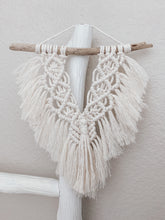 Load image into Gallery viewer, White mini fringe wall hanging made up of cotton cord hand knotted on driftwood
