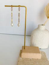 Load image into Gallery viewer, simple paperclip dangle earring ball post dainty minimal jewelry fresh water pearl 
