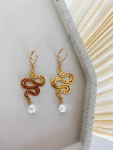 Load image into Gallery viewer, snake pearl leverback earrings fresh water pearl gold funky spiritual healing jewelry 
