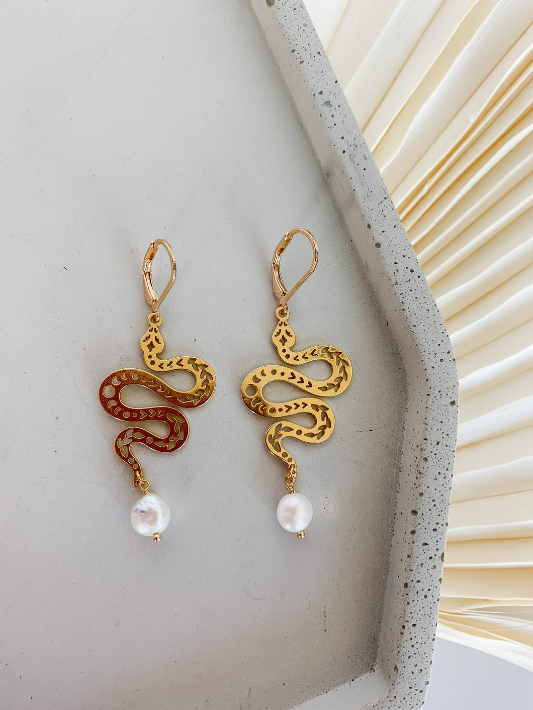 snake pearl leverback earrings fresh water pearl gold funky spiritual healing jewelry 