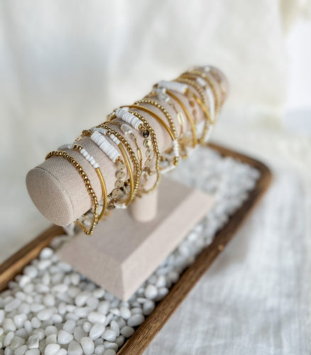 Beaded stacking bracelet set, white and gold bracelets, minimal bracelet