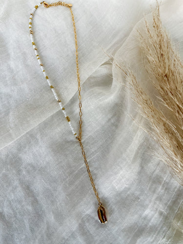 Beaded paperclip lariat necklace, cowrie shell, long beachy necklace, long white and gold seed bead