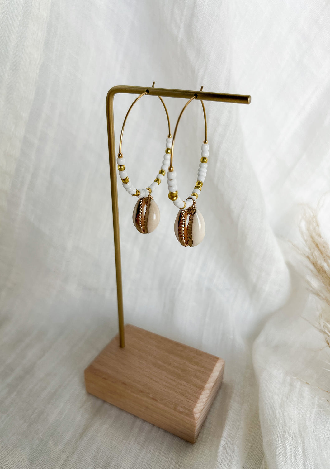 Cowrie shell beaded hoops, beachy earrings, seed bead hoops