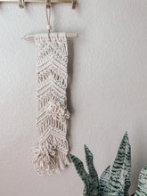 Load image into Gallery viewer, A natural white vertical macrame wall hanging with cotton cord hand knotted on driftwood
