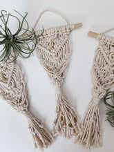 Load image into Gallery viewer, Three macrame wall air plant hangers with gold crescent moon charm 
