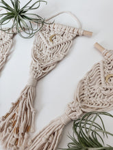 Load image into Gallery viewer, Three macrame wall air plant hangers with gold crescent moon charm 
