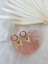 Load image into Gallery viewer, Gold plated huggie hoop earrings with turquoise hammered arrow spear. 
