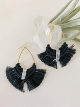 Load image into Gallery viewer, A pair of black macrame drop oval earrings with crystal quartz gem 
