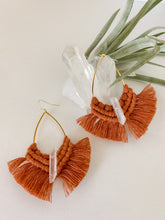 Load image into Gallery viewer, A pair of terra cotta macrame drop oval earrings with crystal quartz gem 
