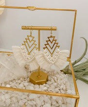 Load image into Gallery viewer, A pair of fringe drop earrings with brass geometric findings and cotton cord fringe
