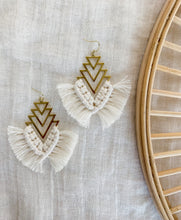 Load image into Gallery viewer, A pair of fringe drop earrings with brass geometric findings and cotton cord fringe
