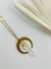 Load image into Gallery viewer, A gold plated chain necklace with gold plated crescent and clear quartz charm 
