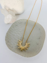 Load image into Gallery viewer, 24K gold plated chain necklace with clasp and gold sunburst pendant
