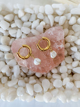 Load image into Gallery viewer, A pair of gold plated 14mm huggies with freshwater pearl charms 
