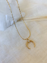 Load image into Gallery viewer, A gold plated chain necklace with a opal gold plated crescent charm
