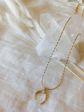 Load image into Gallery viewer, A gold plated chain necklace with a opal gold plated crescent charm

